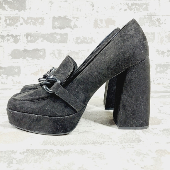 New Open Edit Lainey Dark Academia Black Suede Platform Block Heel Pumps W523